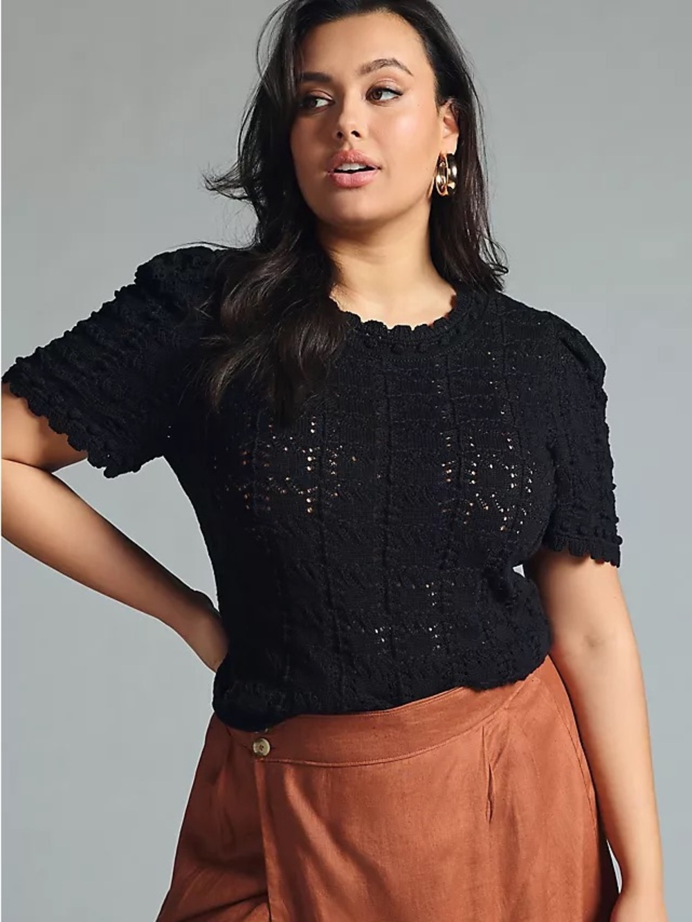 Anthropologie Top Pointelle Sweater Tee| Open Knit Scallop Pompom| black| Sz: XS